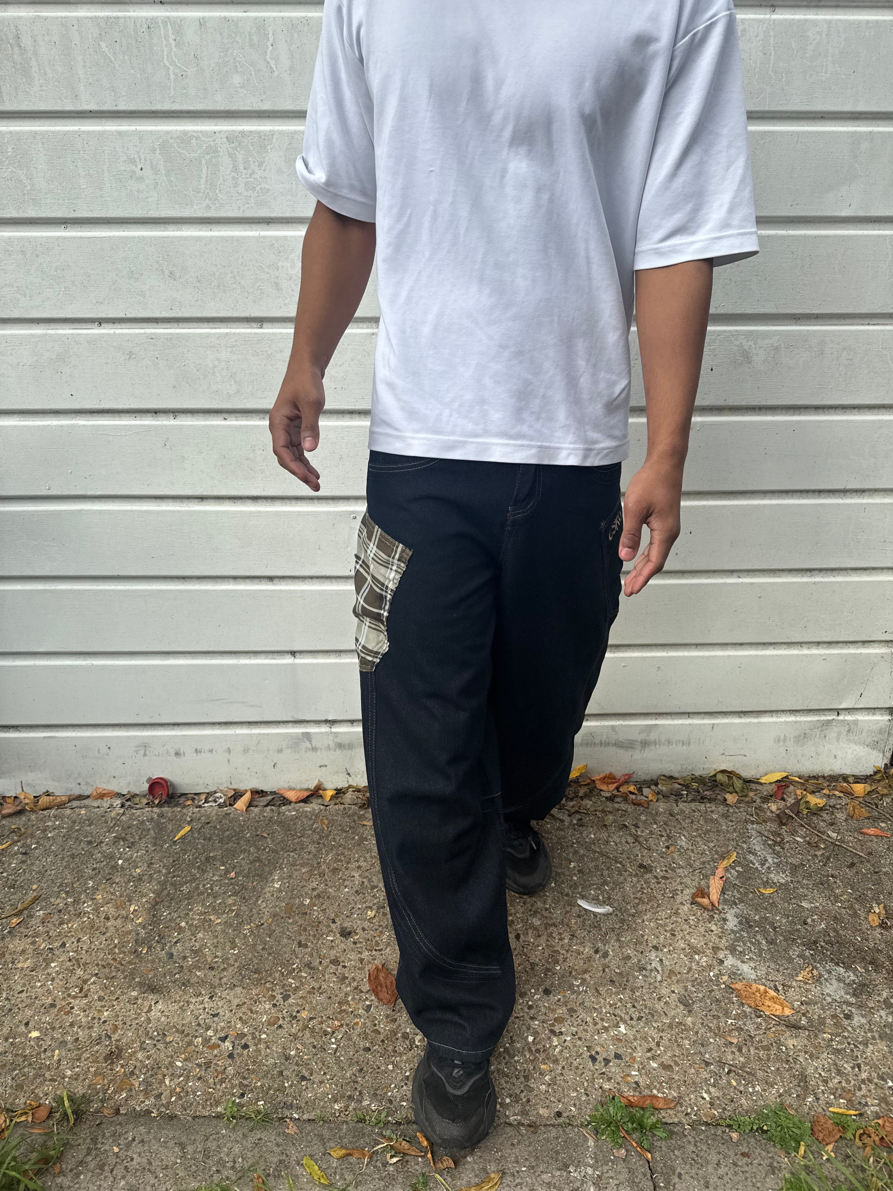 Beige Plaid Patch Baggy Jeans