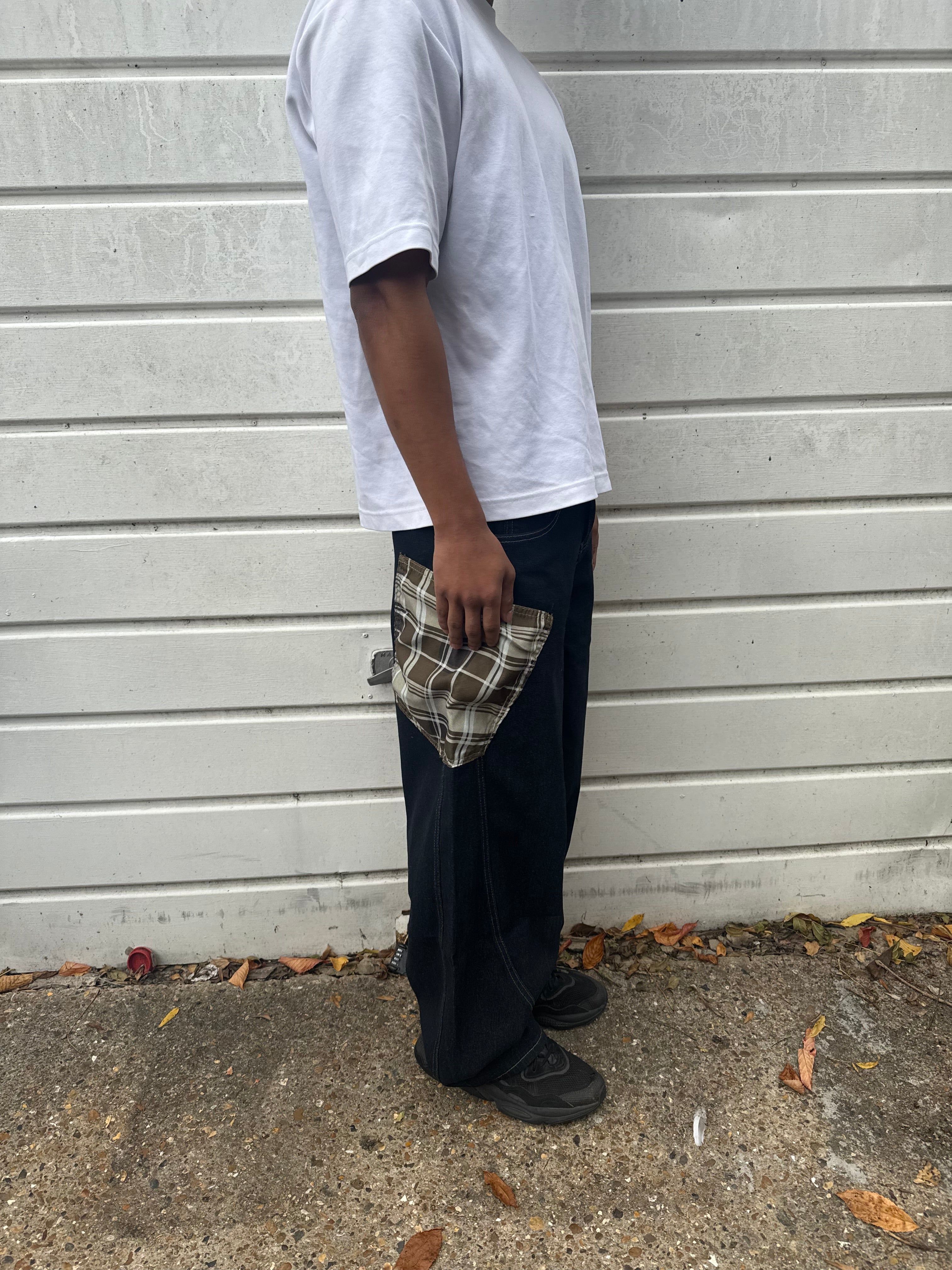 Beige Plaid Patch Baggy Jeans