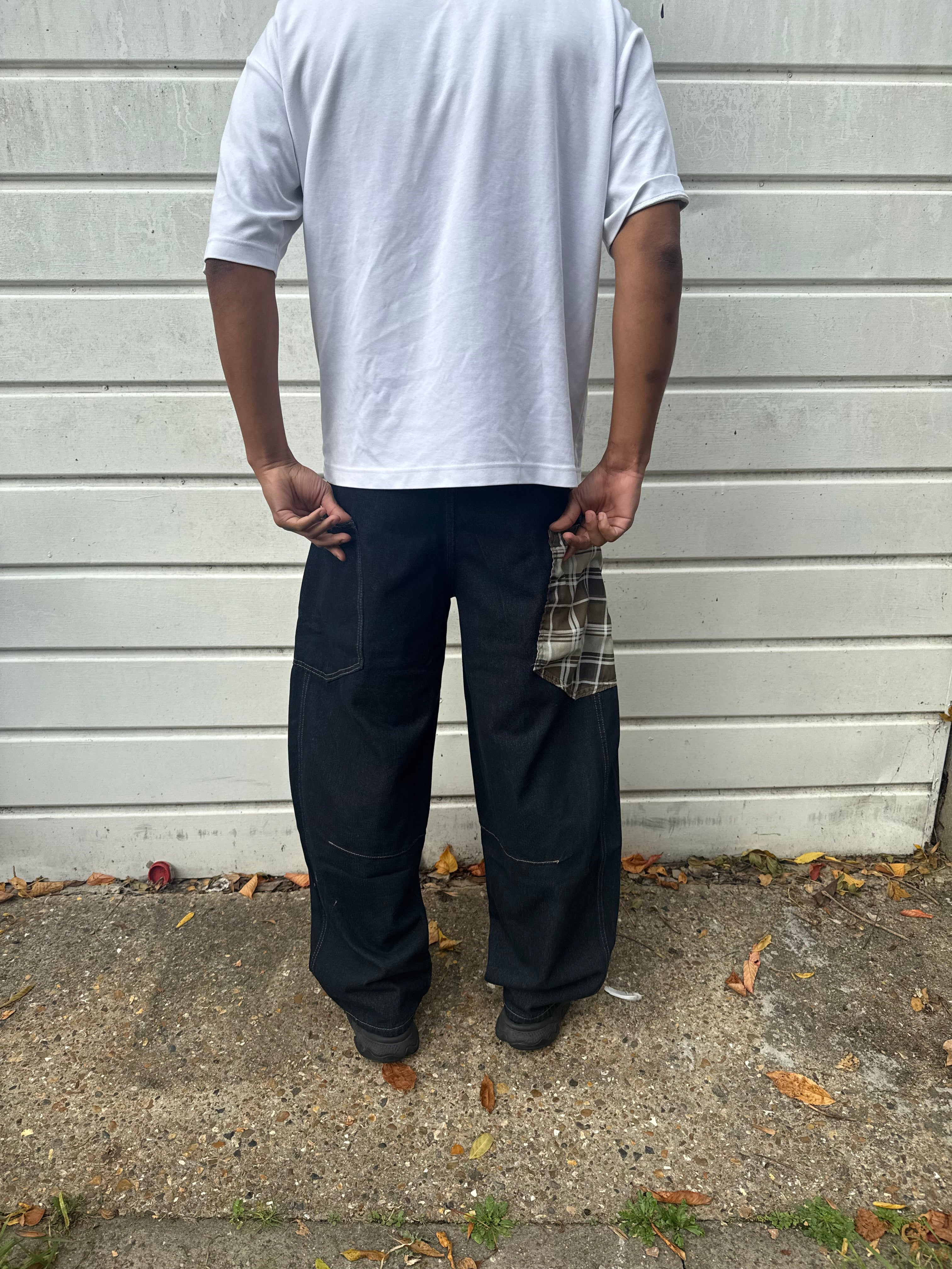 Beige Plaid Patch Baggy Jeans